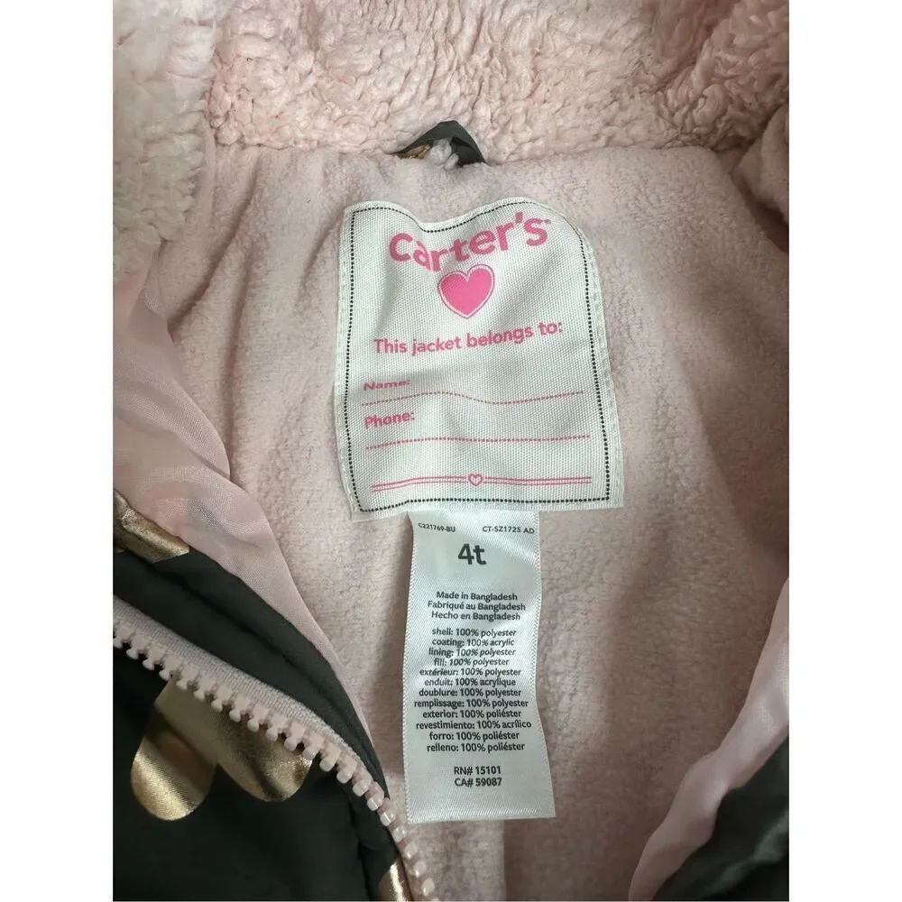 Carter's Puffer Coat Gold Hearts Print Size 4T Brown Pink See Description